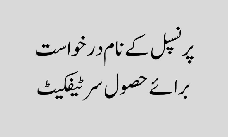 Application for obtaining certificate in name of principal پرنسپل کے نام درخواست برائے حصول سرٹیفکیٹ